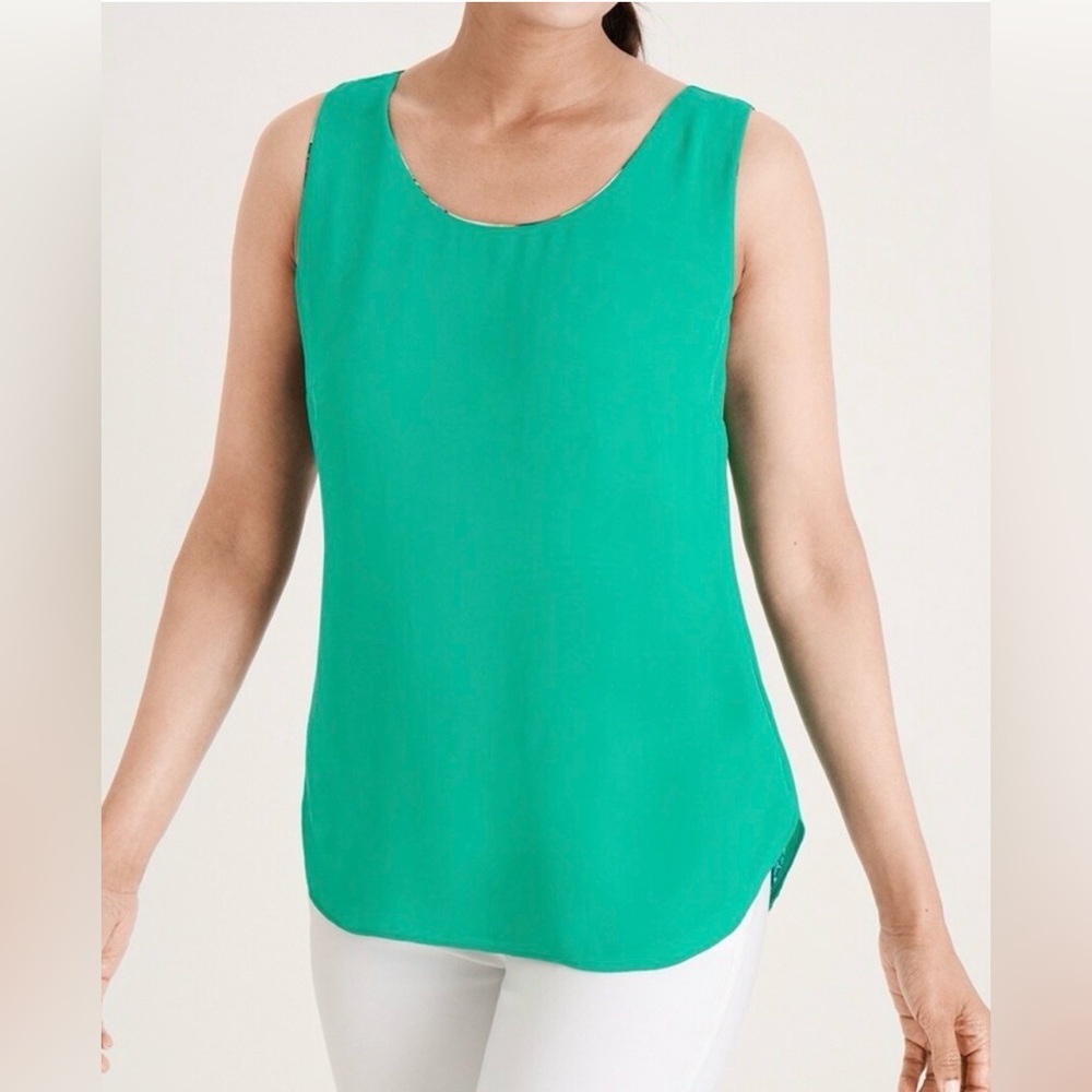 New! Chicos Reversible Rainforest Tropical Jade Layered Sleeveless Blouse - Picture 4 of 15